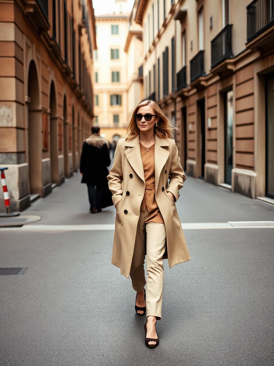 Look com sobretudo bege em Milão